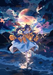  1girl atelier_umiyury barefoot blunt_bangs cloud cloudy_sky commentary dress flower hair_flower hair_ornament highres holding holding_umbrella hololive hololive_english jacket light_smile long_hair looking_at_viewer moon night night_sky ninomae_ina&#039;nis official_alternate_costume orange_jacket outdoors purple_hair raincoat reflection sky solo tentacle_hair transparent transparent_umbrella umbrella very_long_hair virtual_youtuber wading water waves white_dress 