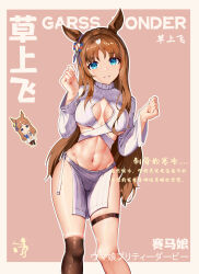  1girl absurdres animal_ears black_thighhighs blue_eyes bow breasts brown_hair character_name chibi chibi_inset chinese_commentary chinese_text cleavage cleavage_cutout clenched_hands clothing_cutout commentary_request cowboy_shot crop_top cropped_sweater ear_ribbon evolved_virgin_killer_sweater grass_wonder_(umamusume) groin hands_up highres horse_ears horse_girl loincloth long_hair long_sleeves looking_at_viewer medium_breasts meme_attire midriff multicolored_hair navel parted_bangs parted_lips pelvic_curtain ribbed_sweater sidelocks single_thighhigh skindentation smile standing sweater thigh_strap thighhighs translation_request turtleneck turtleneck_sweater typo umamusume white_hair white_sweater xg_epee 