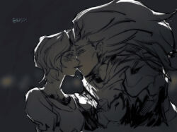  2boys armor blush dark_souls_(series) dark_souls_i dark_souls_iii dark_sun_gwyndolin eye_contact from_side gradient_background highres imminent_kiss long_hair looking_at_another male_focus multiple_boys nameless_king parted_bangs scarf short_sleeves translation_request yaoi zunkome 