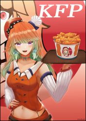  1girl :d beret bow_choker brand_name_imitation breasts bucket_of_chicken chef_hat chicken_(food) collarbone crop_top feathers food fried_chicken gradient_hair green_feathers green_hair hand_on_own_hip hat highres holding holding_tray hololive hololive_english kfc kfp long_hair looking_at_viewer medium_breasts midriff mini_hat multicolored_hair navel open_mouth orange_hair purple_eyes rayleigh_scale smile solo streaked_hair takanashi_kiara takanashi_kiara_(1st_costume) tray virtual_youtuber white_sleeves 