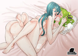 2girls ass bare_legs barefoot bed blue_hair blush breasts closed_eyes completely_nude drooling eirika_(fire_emblem) female_focus fire_emblem fire_emblem:_the_sacred_stones french_kiss green_eyes green_hair hug huge_ass jewelry kiss l&#039;arachel_(fire_emblem) leg_lock legs lemonfiti long_hair lying medium_breasts messy multiple_girls nintendo nipples nude on_back on_bed pillow ring saliva saliva_trail sex short_hair sweat tongue tongue_out wife wife_and_wife yuri