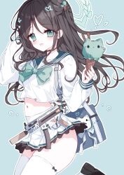  1girl :d absurdres airi_(blue_archive) arm_behind_head arm_up bag black_footwear black_hair blue_archive blue_background blue_sailor_collar blush bow food food-themed_hair_ornament green_bow green_eyes gun h&amp;k_mp5k hair_between_eyes hair_ornament halo highres holding holding_food ice_cream ice_cream_cone ice_cream_hair_ornament long_hair looking_at_viewer midriff navel open_mouth outline parted_bangs pleated_skirt sailor_collar school_bag school_uniform serafuku shirt shoes simple_background skirt smile solo submachine_gun tandohark thighhighs very_long_hair weapon white_outline white_serafuku white_shirt white_skirt white_thighhighs 