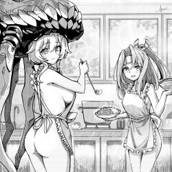  2girls abyssal_ship alexzhang apron ass breasts cooking cooking_pot greyscale hachimaki headband headgear holding holding_ladle kantai_collection kitchen ladle large_breasts long_hair looking_at_viewer monochrome multiple_girls naked_apron open_mouth ponytail sink small_breasts smile standing stove tentacles wo-class_aircraft_carrier zuihou_(kancolle) 