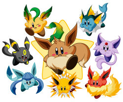 blonde_hair blue_eyes blue_hair blush brown_hair creatures_(company) crossover eevee espeon fins flareon forehead_jewel forked_tail game_freak gen_1_pokemon gen_2_pokemon gen_4_pokemon glaceon jolteon kirby kirby_(series) leafeon nintendo open_mouth pokemon pokemon_(creature) purple_hair red_eyes sakura_moochi sidelocks smile tail umbreon vaporeon white_background