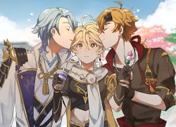  3boys aether_(genshin_impact) ahoge architecture arm_armor armor blliqw blonde_hair blue_hair blue_sky blurry blurry_background braid brown_eyes brown_gloves brown_pants brown_ribbon brown_shirt bubble_tea cherry_blossoms closed_eyes closed_mouth cloud cloudy_sky collarbone cup dango day disposable_cup drinking_straw earrings east_asian_architecture fingerless_gloves food genshin_impact gloves gold_trim hair_between_eyes hair_ribbon hand_up hands_up headband heart holding holding_cup holding_food jacket jewelry kamisato_ayato lapels long_hair long_sleeves looking_at_another looking_up love_triangle male_focus multiple_boys neck_ribbon necklace open_clothes open_jacket open_mouth open_vest orange_hair outdoors pants ponytail purple_jacket red_ribbon red_vest ribbon scarf shirt short_sleeves shoulder_armor single_earring sky smile tassel thoma_(genshin_impact) tree two-sided_fabric two-sided_jacket vest wagashi white_jacket white_scarf white_shirt white_vest yaoi 