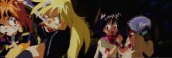  1990s_(style) 2boys 2girls amelia_wil_tesla_seyruun angry black_hair blonde_hair blue_hair blue_skin colored_skin eating forest gourry_gabriev highres lina_inverse long_hair multiple_boys multiple_girls nature one_eye_closed orange_hair outdoors pointy_ears retro_artstyle slayers slayers_next stitched third-party_edit wink zelgadiss_graywords 