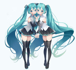  2girls :o absurdres aqua_eyes aqua_hair aqua_necktie bare_shoulders black_footwear black_skirt black_sleeves black_thighhighs boots collared_shirt commentary_request detached_sleeves full_body grey_shirt grey_sleeves hair_between_eyes hair_ornament hatsune_miku hatsune_miku_(nt) high_heels highres holding_hands long_hair long_sleeves looking_at_viewer multiple_girls necktie open_mouth paya_(alunair) pleated_skirt shirt simple_background skindentation skirt sleeveless sleeveless_shirt smile thigh_boots thighhighs time_paradox twintails very_long_hair vocaloid white_background white_shirt wide_sleeves zettai_ryouiki 