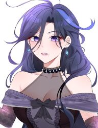  1girl absurdres ahoge alternate_costume bare_shoulders black_bow black_dress bow breasts cleavage clorinde_(genshin_impact) collarbone commentary_request dress earrings genshin_impact highres hotaboshi_yazuki jewelry long_hair looking_at_viewer messy_hair off-shoulder_dress off_shoulder parted_lips purple_eyes purple_hair purple_lips see-through see-through_cleavage smile solo upper_body 