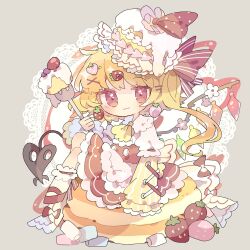  1girl :3 adapted_costume apron ascot blonde_hair blush closed_mouth crystal doily flandre_scarlet food fork frilled_skirt frilled_sleeves frills fruit grey_background hat highres holding holding_fork laevatein_(touhou) long_hair long_sleeves nikorashi-ka one_side_up pancake red_eyes red_skirt red_vest simple_background skirt solo strawberry touhou vest white_apron white_hat wings yellow_ascot 