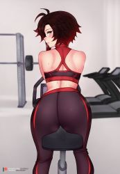 1girl ass back bare_shoulders black_hair bluefield blush exercising exercise_bike from_behind gradient_hair gym highres leggings lips looking_at_viewer looking_back multicolored_hair red_hair ruby_rose rwby short_hair sitting smile solo sports_bra sweat thighs two-tone_hair rating:Sensitive score:192 user:danbooru
