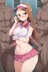  0byte 1girl 2boys blush breasts brown_hair closed_mouth clothed_female_nude_male covered_erect_nipples erection grabbing_another&#039;s_hair grin groin head_out_of_frame hetero highres idolmaster idolmaster_(classic) locker looking_at_another male_masturbation masturbation medium_breasts minase_iori miniskirt multiple_boys navel nipples nude pink_skirt red_eyes scowl see-through shirt skirt sleeveless sleeveless_shirt smile smug solo_focus sportswear straight_hair sweat sweatdrop tennis_uniform white_shirt wristband  rating:Explicit score:116 user:danbooru