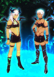  2boys archer_(fate) bad_id bad_pixiv_id boots changye cosplay crossdressing dark-skinned_male dark_skin demon_wings fastener fate/apocrypha fate/grand_order fate/stay_night fate_(series) high_heels knee_boots kneesocks_(psg) kneesocks_(psg)_(cosplay) leather long_hair male_focus midriff miniskirt multiple_boys panty_&amp;_stocking_with_garterbelt revealing_clothes scanty_(psg) scanty_(psg)_(cosplay) siegfried_(fate) skirt white_hair wings 
