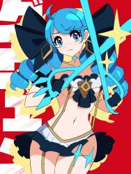 1girl blue_hair blush breasts drill_hair gwen_(league_of_legends) highres league_of_legends medium_breasts scissors skirt solo twin_drills twintails underboob weapon rating:Questionable score:7 user:twilight_jester