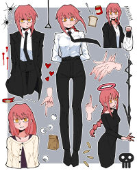  1girl adashinosekka alternate_hairstyle arms_behind_back bag black_coat black_dress black_footwear black_hoodie black_necktie black_pants blue_eyes border bottle braid bread bread_slice breasts bullet buttons chainsaw_man character_name closed_mouth coat collar collared_shirt commentary_request dress eyeball fingernails food full_body grey_background halo hand_up heart highres holding holding_bag hood hoodie index_finger_raised jam lapels long_fingernails long_hair long_sleeves looking_at_viewer looking_to_the_side makima_(chainsaw_man) medium_breasts nail_polish necktie open_clothes open_coat open_hoodie orange_eyes outside_border package pants pink_hair pink_halo pink_nails purple_tank_top red_collar ringed_eyes shirt shoes sidelocks simple_background skull smile solo spoon standing tank_top teeth unworn_collar upper_body v-shaped_eyebrows white_bag white_border white_shirt yellow_shirt 