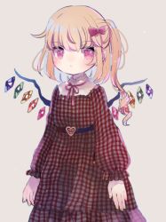  1girl bat_wings belt blonde_hair bow bowtie crystal dress flandre_scarlet hair_bow hat hata_no_kokoro hiyuu_(hiyualice) mob_cap multicolored_wings one_side_up plaid plaid_dress puffy_short_sleeves puffy_sleeves red_eyes short_hair short_sleeves side_ponytail skirt skirt_set solo touhou upper_body white_background wings 