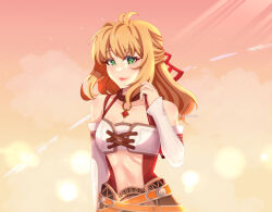  1girl ahoge azumishard bare_shoulders blonde_hair breasts commentary crop_top crop_top_overhang detached_sleeves english_commentary fiora_(xenoblade) gradient_sky green_eyes hair_between_eyes half_updo jewelry light_rays long_hair looking_at_viewer medium_breasts pendant pendant_choker sidelocks sky smile solo sunbeam sunlight upper_body xenoblade_chronicles_(series) xenoblade_chronicles_1 