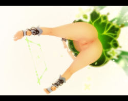  1girl anus ass ass_focus barefoot black_border blurry blurry_background blurry_foreground border cape censored cleft_of_venus commentary_request depth_of_field feet from_below genshin_impact green_cape index_fingers_together letterboxed mosaic_censoring nahida_(genshin_impact) pussy shokuyou_mogura soles solo spread_legs thighs toeless_footwear upskirt 