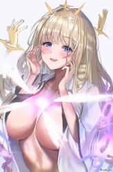  1girl :d blonde_hair blue_eyes blush breasts collarbone crown_(naked_king)_(nikke) crown_(nikke) diadem disembodied_hand drill_hair goddess_of_victory:_nikke hair_ornament headgear large_breasts long_hair looking_at_viewer open_clothes open_mouth open_shirt rufei_bot shirt smile solo white_shirt 