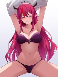 1girl arms_up blue_eyes blush bra breasts cleavage front-tie_bra gradient_background grey_background half-closed_eyes halo heterochromia highres hololive hololive_english horns irys_(hololive) large_breasts long_hair looking_at_viewer multicolored_hair navel panties pointy_ears purple_bra purple_eyes purple_hair purple_panties red_hair si_farid smile solo spread_legs streaked_hair underwear undressing virtual_youtuber white_background 