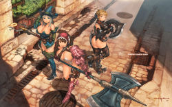  3girls :d :o ;) adjusting_clothes adjusting_headwear arm_behind_back armor armored_boots ass asymmetrical_armor axe bare_shoulders battle_axe belt bikini_armor black_leotard blonde_hair blue_eyes boots bra breasts brown_eyes brown_hair buckle bustier chakram cleavage collar copyright_name elbow_gloves elbow_pads fantasy_earth fantasy_earth_zero frills gauntlets gloves grate greaves hair_ribbon hairband halberd hat highres holding holding_weapon huge_breasts jewelry kanda_(ura-kanda) knife large_breasts leather leather_strap_leg_pouch leotard looking_at_viewer looking_back multiple_girls no_pants one_eye_closed open_mouth outdoors panties parted_lips pauldrons pavement pendant plant polearm pouch ribbon ringed_eyes sewer_grate shadow short_hair shoulder_armor smile staff standing standing_on_one_leg strapless sunlight sunset thigh_boots thigh_strap thighhighs thong_leotard twilight underwear utility_belt walking wallpaper warrior warrior_(fantasy_earth) weapon white_bra white_hair white_panties wink witch witch_hat yellow_eyes  rating:Questionable score:134 user:danbooru