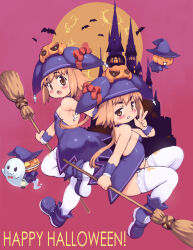  2girls brown_hair chocolat_queen full_body halloween highres looking_at_viewer marron_queen multiple_girls open_mouth original siblings smile tagme twins v yu_3 