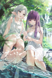  2girls breasts collarbone commentary_request dress drop_earrings earrings elf fern_(sousou_no_frieren) flat_chest forest frieren grey_hair highres holding_another&#039;s_hair jewelry large_breasts long_hair looking_at_another multiple_girls nature ouri_(aya_pine) outdoors parted_bangs pointy_ears purple_hair refraction sidelocks sleeveless sleeveless_dress soaking_feet soles sousou_no_frieren straight_hair toes very_long_hair water white_dress  rating:Sensitive score:30 user:danbooru