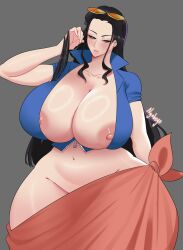  1girl black_hair blue_eyes breasts clothes female_focus grey_background huge_breasts long_hair nico_robin nipples nyabeyo one_piece simple_background solo sunglasses sunglasses_on_head  rating:Explicit score:13 user:LewdRyuka