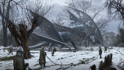  6+boys animal_focus bare_tree broken broken_chain brown_cape cape chain claws cloud cloudy_sky commentary dragon english_commentary fantasy helm helmet highres holding holding_chain holding_shield hook jan_ditlev monster multiple_boys original outdoors realistic ruins scenery shield sky snow torn_wings tree western_dragon wide_shot wings winter wyvern 