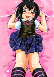  1girl bed bed_sheet black_hair black_socks black_sweater_vest blue_skirt blush breasts brown_eyes female_focus hoshino_fuuta kneehighs loli looking_at_viewer lying marvel nervous_smile on_back on_bed open_mouth peni_parker perky_breasts plaid plaid_skirt school_uniform sheet_grab shirt short_hair short_sleeves skirt small_breasts smile socks solo source_request spider-man:_into_the_spider-verse spider-man_(series) spider-verse sweater_vest traditional_media white_shirt  rating:Sensitive score:45 user:AndreSu