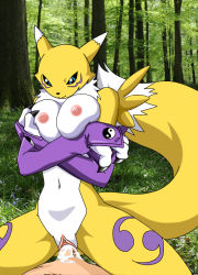  1boy 1girl blue_eyes breasts_squeezed_together breast_suppress breasts claws crossed_arms cum cum_in_pussy digimon digimon_(creature) elbow_gloves facial_mark forest furry girl_on_top gloves hetero kageta lake_art large_breasts monster nature navel nipples nude outdoors photo_background poorly_drawn renamon sex smile straddling tail uncensored vaginal 