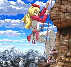 0ne_back 1girl blonde_hair carabiner character_request climbing cloud cloudy_sky copyright_request from_side long_hair mountain ponytail red_eyes rope shoes sky sneakers snow