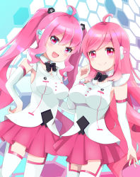  2girls :d ahoge blush breasts grace_(sound_voltex) headset highres large_breasts long_hair multiple_girls open_mouth pink_eyes pink_hair pink_skirt poplin rasis siblings sisters skirt small_breasts smile sound_voltex sound_voltex_ii_infinite_infection sound_voltex_iii_gravity_wars thighhighs twintails white_thighhighs 