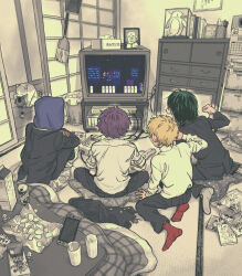 4boys bag_of_chips black_jacket black_pants blonde_hair blue_hoodie can cat clenched_hand commentary crossed_arms crt drink_can facing_away food from_behind gakuran game_console green_hair grey_socks hacchi_(napoli_no_otokotachi) hand_up highres hood hood_up hoodie house indian_style indoors jack-o&#039;_ran-tan jacket jacket_over_hoodie kimwipe knees_up long_sleeves magazine_(object) mahou_shoujo_minky_pinky maiko_(setllon) momomizu monochrome_background mountain_dew multiple_boys napoli_no_otokotachi nintendo_switch on_floor open_door pants playing_games pocky profile purple_hair red_socks ribon_(magazine) school_uniform shirt short_hair shouji shounen_jump shu3_(napoli_no_otokotachi) sitting skip_to_loafer sleeves_rolled_up sliding_doors socks sugiru_(napoli_no_otokotachi) super_famicom super_famicom_gamepad sweater table tatami trash_can turtleneck turtleneck_sweater unworn_jacket video_game white_shirt white_sweater