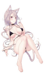 1girl absurdres animal_ears ass bare_legs barefoot bell bikini bikini_pull blush breasts breasts_apart cat_ears cat_girl cat_tail chestnut_mouth clothes_pull collar collarbone feet front-tie_bikini_top front-tie_top full_body grey_hair hair_bell hair_ornament twirling_hair hand_up highres jingle_bell knees_up large_breasts legs long_hair looking_at_viewer lying micro_bikini on_back open_mouth original purple_eyes side-tie_bikini_bottom simple_background solo swimsuit tail thighs toes tokuno_yuika tsurime untied_bikini very_long_hair white_background rating:Sensitive score:30 user:danbooru