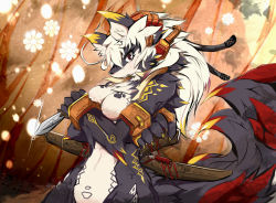  animal_ears animal_hands breasts claws dragoon86 fox fox_ears furry red_eyes tagme white_hair  rating:Questionable score:26 user:Lang2004