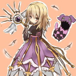 1girl blonde_hair creature elize_lutus feathers looking_back shuuichi_(gothics) staff tales_of_(series) tales_of_xillia teepo_(tales) rating:Sensitive score:5 user:danbooru