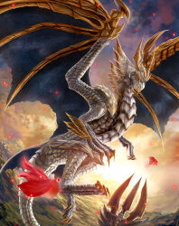  bearluxe claws dragon dragon_horns dragon_wings gold_horns highres horns malzeno_(monster_hunter) monster monster_hunter_(series) no_humans primordial_malzeno_(monster_hunter) qurio_(monster_hunter) sharp_teeth sky spiked_tail sun tail teeth white_scales wings  rating:General score:6 user:danbooru
