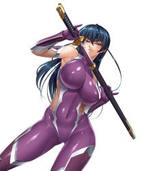  1girl bare_shoulders blue_hair bodysuit breasts covered_collarbone covered_navel gloves green_eyes highres holding holding_sword holding_weapon igawa_asagi kagami_hirotaka katana large_breasts long_hair looking_at_viewer official_art sheath simple_background skin_tight smile solo sword taimanin_(series) taimanin_asagi taimanin_rpgx thighhighs weapon white_background  rating:Sensitive score:75 user:Omanko-wa