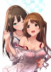 10s 2girls baffu blue_eyes blush breasts brown_eyes brown_hair cleavage commentary_request couple dress female_focus holding_hands hand_on_another&#039;s_chest highres hug hug_from_behind idolmaster idolmaster_cinderella_girls jewelry large_breasts long_hair medium_breasts multiple_girls necklace one_eye_closed open_mouth shibuya_rin shimamura_uzuki sidelocks smile strap_slip tareme twintails upper_body white_background yuri rating:Sensitive score:28 user:danbooru