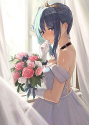  1girl absurdres alternate_costume backless_dress backless_outfit bare_shoulders bibideba_(hololive) black_choker blue_eyes blue_hair blush bouquet choker closed_mouth curtains dress earrings flower from_side gloves highres holding holding_bouquet hololive hoshimachi_suisei jewelry looking_at_viewer pink_flower pink_rose rose satellite999 side_ponytail solo tiara virtual_youtuber wedding_dress white_dress white_flower white_gloves white_rose window 