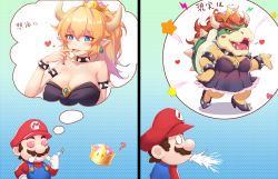  1boy 1girl armlet bare_shoulders blonde_hair blue_eyes blush bowser bowsette breasts chinese_commentary cleavage collar comic commentary_request crown facial_hair genderswap genderswap_(mtf) heart heart-shaped_eyes highres horns imagining large_breasts lipstick long_hair makeup mario mario_(series) mustache new_super_mario_bros._u_deluxe nintendo o_o red_hair spiked_collar spikes spit_take spitting super_crown translation_request w2398510474  rating:Sensitive score:9 user:danbooru