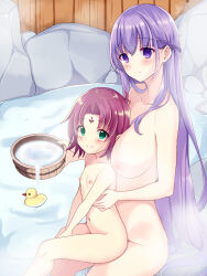  2girls age_difference between_legs braid breasts bucket closed_mouth collarbone completely_nude facial_mark fae_(fire_emblem) feet_out_of_frame female_focus fire_emblem fire_emblem:_the_binding_blade flat_chest forehead_mark french_braid green_eyes hair_between_eyes holding holding_bucket large_breasts loli long_hair miyako_(mongcocoa) multiple_girls navel nintendo nipples nude onsen pink_hair purple_eyes purple_hair rock rubber_duck short_hair sitting sitting_on_lap sitting_on_person size_difference smile soaking_feet sophia_(fire_emblem) split_mouth steam stomach very_long_hair water 