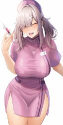  1girl ^_^ absurdres afro2200 ahoge blush breasts closed_eyes commentary_request commission covered_erect_nipples dress fangs fingernails grey_hair hair_intakes hat highres holding holding_syringe huge_breasts long_hair mole mole_under_eye name_tag nijisanji nurse nurse_cap open_mouth pink_dress pink_hat pink_liquid short_sleeves side_slit simple_background skeb_commission smile solo sukoya_kana syringe teeth thighs tongue twintails virtual_youtuber white_background 