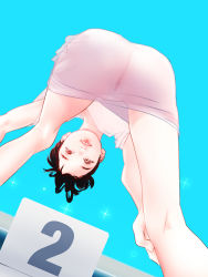  1girl artist_request bent_over black_hair blush breasts cotowari flat_chest from_below highres loli looking_at_viewer original pussy pussy_peek see-through small_breasts solo tagme  rating:Explicit score:66 user:gifter