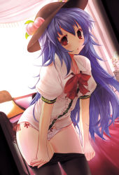 1girl bad_id bad_pixiv_id blue_hair bow bow_panties clothes_pull dress_shirt female_focus food fruit hat hinanawi_tenshi lingerie long_hair panties pantyhose pantyhose_pull peach pink_panties red_eyes scarlet_(studioscr) shirt side-tie_panties solo thighs touhou underwear undressing rating:Questionable score:13 user:danbooru