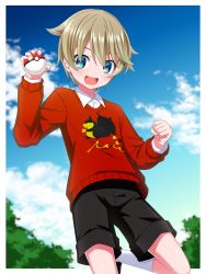  1boy blue_eyes blue_sky blush child cloud creatures_(company) game_freak hair_between_eyes highres looking_at_viewer male_focus nintendo open_mouth outdoors poke_ball poke_ball_(basic) pokemon pokemon_swsh print_sweater rionoil shorts sky smile solo sweater youngster_(pokemon) 
