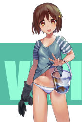  1girl :d absurdres arm_at_side blush bob_cut bra breasts brown_eyes brown_hair bucket character_name chinese_commentary clothes_lift collarbone commentary cowboy_shot gloves gluteal_fold green_background green_shirt hair_between_eyes hair_ornament hairclip highres holding holding_bucket holding_clothes holding_gloves lifted_by_self looking_at_viewer lowleg lowleg_panties midriff navel open_mouth original panties raglan_sleeves rubber_gloves shirt shirt_lift short_hair short_sleeves side-tie_panties small_breasts smile solo standing starfish striped_clothes striped_shirt t-shirt teeth thigh_gap two-tone_shirt underwear upper_teeth_only v-shaped_eyebrows vivi_(zhongye_yu) w water white_background white_bra white_panties white_shirt zhongye_yu 