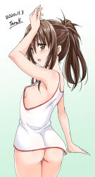  1girl absurdres areola_slip arm_up ass backboob bare_shoulders blush bottomless breasts brown_hair covered_erect_nipples cowboy_shot from_behind hand_on_own_head highres kasukabe_tarou long_hair looking_at_viewer looking_back no_bra no_panties open_mouth ponytail solo tank_top to_love-ru white_tank_top yellow_eyes yuuki_mikan  rating:Questionable score:182 user:danbooru