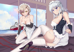 2girls absurdres apron areola_slip artist_name ass azur_lane bare_shoulders beach belfast_(azur_lane) black_footwear blue_eyes blush bra braid breasts chain clothes_lift collar collarbone dated day french_braid frilled_apron frills full_body garter_straps gins half_updo high_heels highres kneeling large_breasts lifted_by_self long_hair long_sleeves looking_at_viewer looking_back maid maid_headdress medium_breasts multiple_girls panties parted_lips platinum_blonde_hair sheffield_(azur_lane) ship shoes short_hair silver_hair sitting skirt skirt_lift smile sun thighhighs underbust underwear waist_apron watercraft white_apron white_bra white_legwear white_panties window yellow_eyes rating:Questionable score:50 user:danbooru