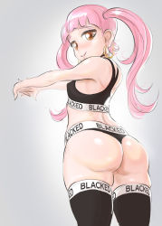  1girl ass blacked_(meme) blacking_your_waifu bra brown_eyes earrings highres hoop_earrings jewelry meme meme_attire pink_hair smile solo sports_bra tagme thighhighs thong twintails underwear  rating:Questionable score:91 user:thecum1